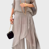 Stella - Breites Top und Hose mit Schlitz – Zweiteiliges Set aus Chiffon