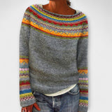 Kirra - Grauer Retro-Strickpullover mit Norweger-Muster