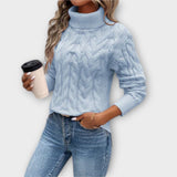 Amelia - Rosa eleganter Rollkragenpullover mit Zopfmuster