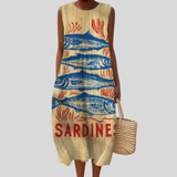 Beiges Kleid mit Sardinen-Print