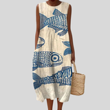 Beiges Kleid mit Fischmotiv