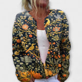 Ylvi - Dunkelblauer Cardigan mit floralem Muster und Vogelmotiv