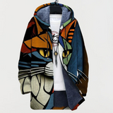 Jacke mit abstraktem Muster und Katzenmotiv