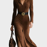 Retro-westernstil Kragen aus Kunstwildleder, Midi mit Schlitz