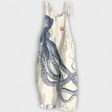 Greta - Beige Latzhose mit Krakenmotiv