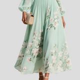 Lucija - Helle Grüne Midi-Chiffonkleid mit Blumenfalten