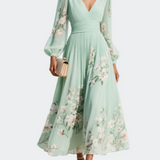 Lucija - Helle Grüne Midi-Chiffonkleid mit Blumenfalten