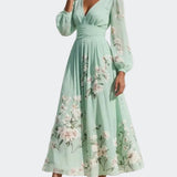 Lucija - Helle Grüne Midi-Chiffonkleid mit Blumenfalten