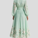 Lucija - Helle Grüne Midi-Chiffonkleid mit Blumenfalten
