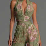 Amelia – grüner, plissierter Jumpsuit mit Blumenmuster