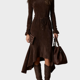Elegantes Midi-Kleid aus Wildleder in Dunkelbraun mit Bindeband