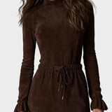 Elegantes Midi-Kleid aus Wildleder in Dunkelbraun mit Bindeband