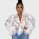 Savannah - Weisse asymmetrische Bluse mit Spitze