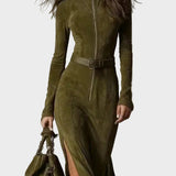 Vintage Grüne Maxikleid mit Reißverschluss und Gürtel