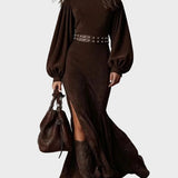 Retro lange Kleid mit langen Ärmeln und Stehkragen