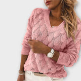 Noemier - Grauer Pullover mit V-Ausschnitt und Lochmuster