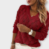 Noemier - Grauer Pullover mit V-Ausschnitt und Lochmuster